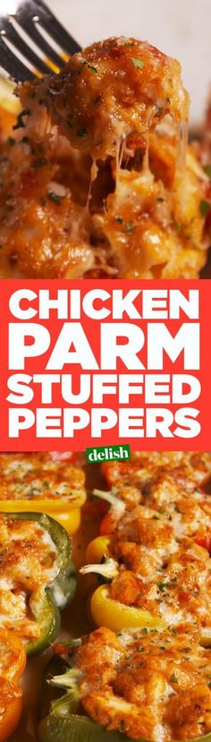 chicken parm stuffed peppers on a fork with the title in red and white above it