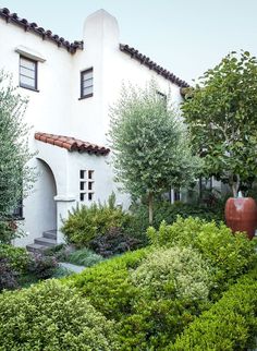 a white house surrounded by trees and shrubbery with a red vase in the foreground