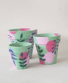 four flower pots sitting next to each other on top of a white surface with green leaves and pink flowers