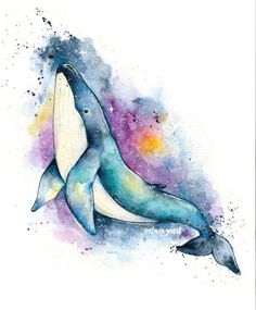 a watercolor painting of a whale with its mouth open