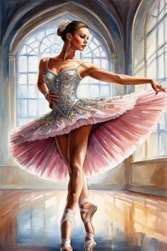 a painting of a ballerina in pink and white