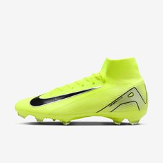 the nike meron fg soccer cleat is shown in neon yellow and black