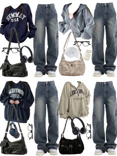 several different types of clothes and handbags are arranged in the same image, including sweatshirts