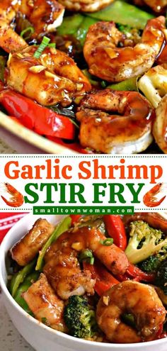 this garlic shrimp stir fry has broccoli, peppers, and chicken in it