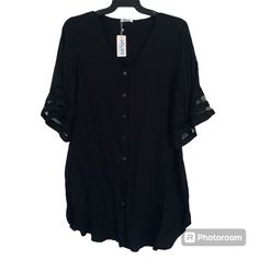 Women Aolro Flared Sleeve Beach Cover Up Loose V-Neck Button Down Cardigan Size: Large Color: Black Bundle, And Save Black Buttoned Blouse For Layering, Black Blouse With Buttons For Layering, Black V-neck Blouse With Buttons, Rashguard Swimsuit, Plus Size Swim, Button Down Cardigan, Lace Kimono, Rayon Pants, Crochet Halter Tops