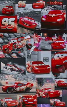 the cars from cars movie are shown in this collage with different pictures and captions