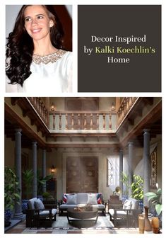 a woman in a white dress standing next to a living room filled with furniture and plants