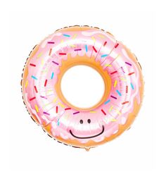 an inflatable pink donut with sprinkles on it's face