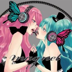 two girls with pink hair and headphones, one has a butterfly on her ear