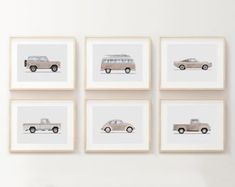 six framed photographs of cars are hanging on the wall next to a chair and table