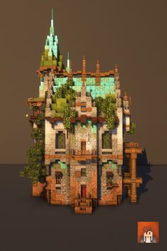 an image of a house made out of blocks and bricks with trees on the roof