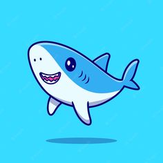 a blue and white shark with teeth on it's face, floating in the air