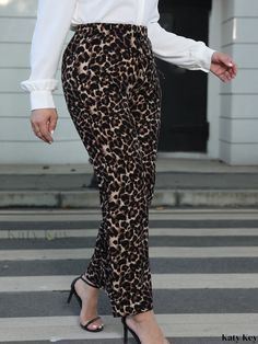 Katykey - Premium Quality Womens Plus Size High Rise Drawstring Casual Pants with Leopard Print and Optimal Medium Stretch Trousers Stretch Leopard Print Bottoms, Stretch Leopard Print Long Pants, Casual Pants, Knit Fabric, Leopard Print, Premium Quality, High Rise, Weaving, Trousers