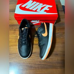 Nike Dunk Low Retro Black/Amber Dv0831-004 Men’s Us Size 11 Brand New In Box. 100% Authentic Guaranteed. Fast Shipping Leather Upper Padded/Low-Cut Collar Foam Midsole Perforated Toe Box Rubber Outsole Color: Black/Amber Style: Dv0831-004 Nike Black Leather Skate Shoes, Nike Black Skate Shoes With Perforated Toe Box, Air Shoes, Nike Air Shoes, Nike Dunk Low, Dunk Low, Nike Dunk, Nike Dunks, Low Cut