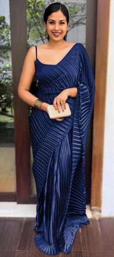 Blue color Saree in Satin Silk, Silk fabric with Pleats work Formal Blue Saree, Blue Saree For Formal Occasions, Blue Formal Saree Dress, Blue Color Saree, Party Wear Traditional, Party Wear Saree, Wear Saree, Satin Silk, Party Wear Sarees