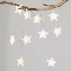 some white stars hanging from a branch with string lights on it's ends and one light is turned on