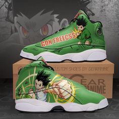 Our Anime Shoes Air J13 styles are custom-made for anime fans seeking unique sneakers. These one-of-a-kind shoes make the ideal gift for any occasion. We use premium materials so your custom anime shoes will last. Show your anime passion in comfort and style with our Air J13 shoes featuring your favorite characters. As the leading provider of anime footwear, we offer high quality, eye-catching shoes to showcase your love of anime. Microfiber leather upper with rounded toe construction. Lace-up c Gon Freecss, Anime Hunter, Anime Outfit, Jordan Sneaker, Hunter Hunter, Anime Shoes, Expressive Fashion, Gifts For Hunters, Hunter Anime