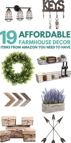 the front cover of a magazine with various items on it and text that reads 19 affordable farmhouse decor items from amazon you need to have