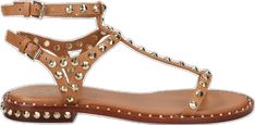 Casual Leather Sandals With Studs, Studded Leather Open Heel Sandals, Studded Leather Sandals With Open Heel, Leather Sandals With Studs And Open Heel, Sandals Brown, Versace Outfit, Chanel 2, Brown Leather Sandals, Demi Fine Jewelry