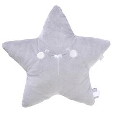 a star shaped pillow with eyes and nose drawn on the side, in grey color