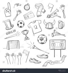 hand drawn sports items on white background with clippings for each item in the image