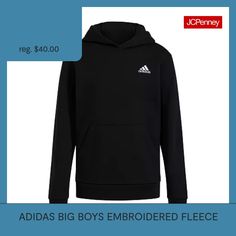 Simple and soft. This boys' essential hoodie is about to be the one he'll grab every single day. A small adidas logo roots his look in sport. Fleece feels cozy and warm, so he'll be comfortable all season long.Features: EmbroideredClosure Type: Pullover HeadFit: Regular FitNeckline: Hooded NeckPockets: 1 Front Kangaroo PocketSleeve Length: Long SleeveFiber Content: 58% Cotton, 42% PolyesterFabric Description: FleeceCare: Tumble Dry, Machine WashCountry of Origin: Imported Essential Hoodie, Be The One, Every Single Day, Adidas Logo, Big Boys, Fleece Hoodie, Black Hoodie, Shirts Tops, Adidas