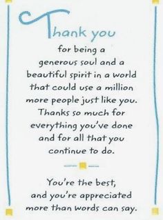 a thank card with the words thank you for being a generous spirit in a world that could