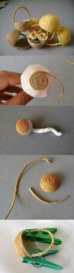 three pictures of different types of objects made out of string and wood, including shells