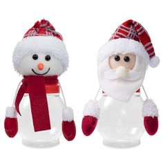 two glass jars with santa claus and snowman decorations