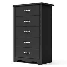 a tall black dresser with five drawers