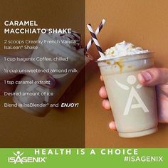 a person holding up a cup with whipped cream in it and the text caramel macchiato shake below