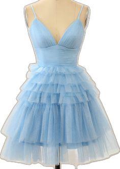 Blue Tiered Tulle Dress, Blue Tiered Tulle Skirt Dresses, Tulle Material, Empire Waistline, Ruffle Shorts, V Cuts, Homecoming Dress, Above Knee, Above The Knee