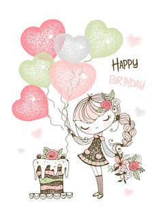 a girl holding balloons and a cake with the words happy birthday written in pink on it