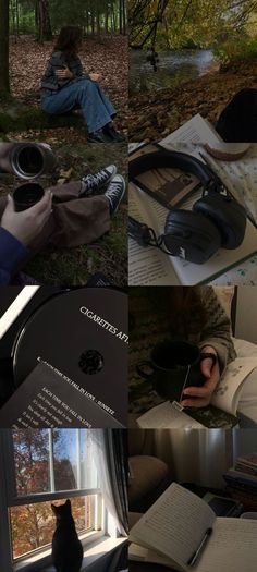 a collage of photos with books, headphones and a cat