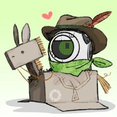 an animal with a hat and glasses in a box holding a horse head on it's back