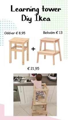 a child's wooden chair and step stool with instructions for learning tower diy ikea