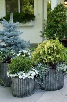 three metal planters with plants in them sitting on the ground next to a house