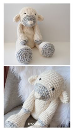 crocheted teddy bear sitting on top of a white chair next to another stuffed animal