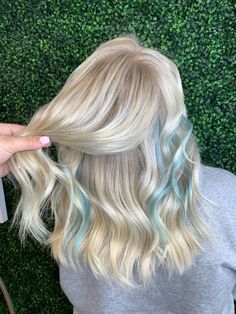 Blonde Highlights With Blue Peekaboo, Platinum Blonde Hair With Color Streaks, Pops Of Color In Blonde Hair, Platinum Blonde With Color Peekaboo, Blonde Hair Blue Peekaboo, Platinum Blonde Hair With Peekaboos, Platinum Blonde Hair With Blue Streaks, Blonde With Light Blue Highlights