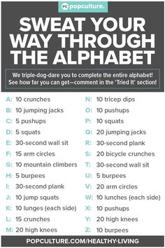 a poster with the words sweat your way through the alphabet and instructions for how to use it