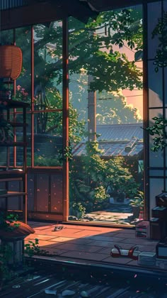 an anime scene with the sun shining through some trees and plants in front of a large window