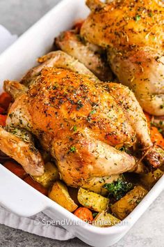 roasted chicken and vegetables in a casserole dish