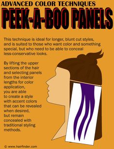 peek-a-boo-panels.gif (601×781) Peekaboo Colored Hair, Peekaboo Hair Color Diy, Diy Peekaboo Highlights, Highlight Placement, Cosmetology State Board, Peekaboo Hair Color, Beauty School Cosmetology, Pinwheel Hair Color