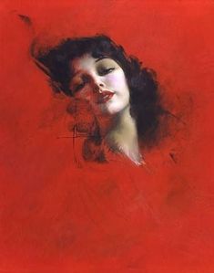 a painting of a woman's face with red background