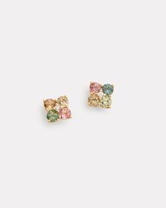 18K Yellow Gold Multicolor Pastel Tourmaline Cluster Stud with Diamonds, .06 TCW3/8 Inch Diameter Style# YELMTCSW Lotus Earrings, Asymmetrical Earrings, Tahitian Black Pearls, Imperial Topaz, Rectangle Earrings, Sunflower Earrings, Floral Studs, Oval Earring, Diamond Flower