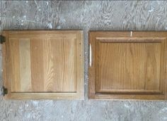 two wooden cabinets sitting on top of a floor