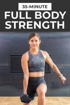 a woman in black shorts and grey top holding a pair of dumbbells with the words full body strength on it