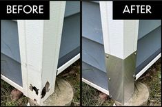 before and after shots of a house's gutter hole in the side of its siding