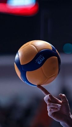 a person is holding a volleyball in their right hand and pointing it at the ball