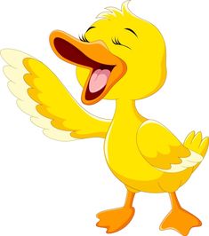 a yellow duck with its mouth open and it's wings spread out, smiling